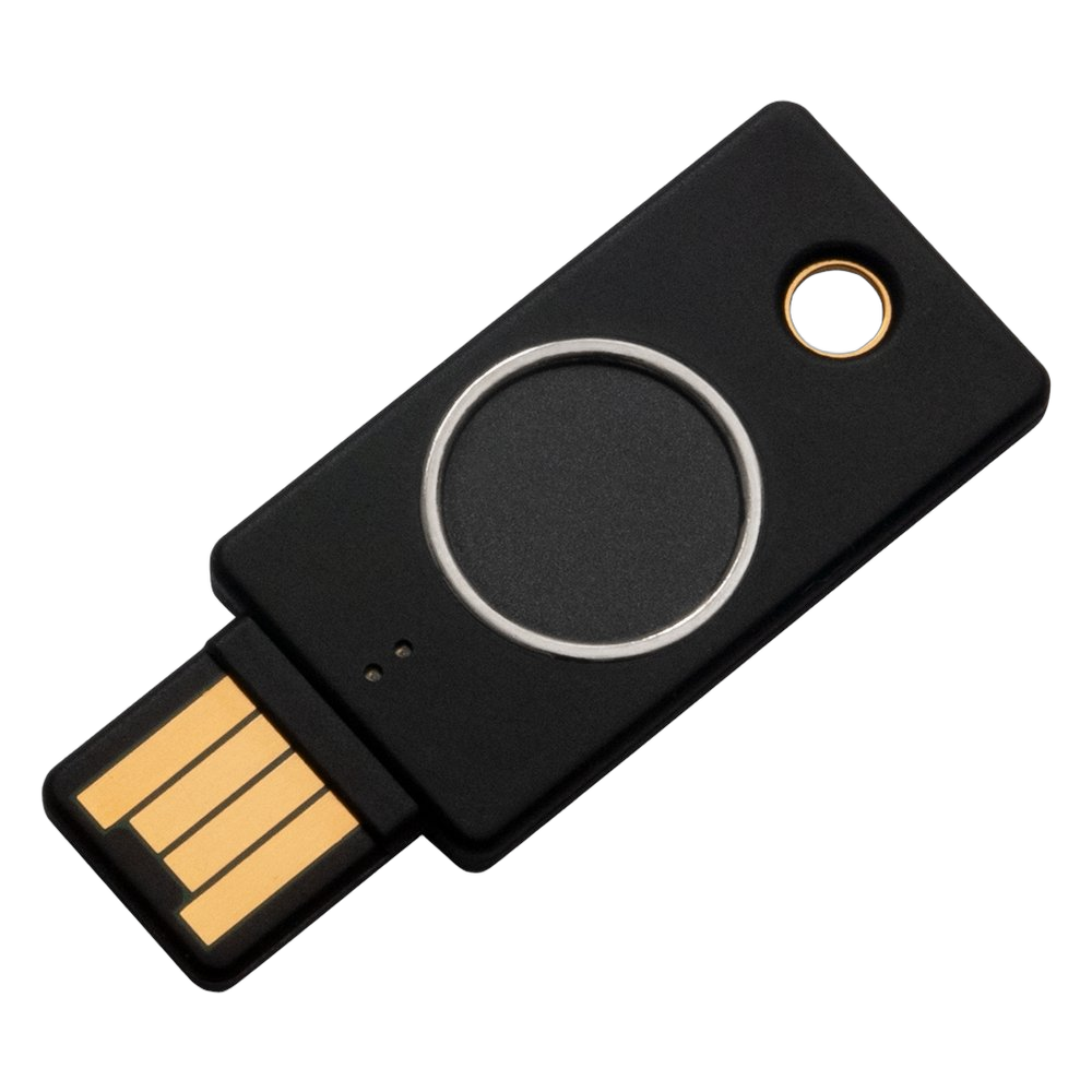 Schwarzer YubiKey Bio Sicherheitsschlüssel mit USB-A-Stecker und einem biometrischen Fingerabdruckleser in Form einer runden Taste
