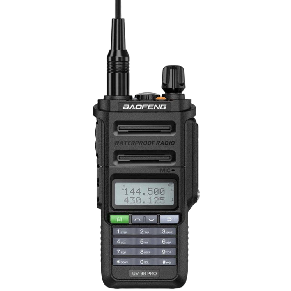 Radiotelefon Baofeng UV-9R PRO, wodoodporny, przód z wyświetlaczem dwuzakresowym, klawiaturą i anteną