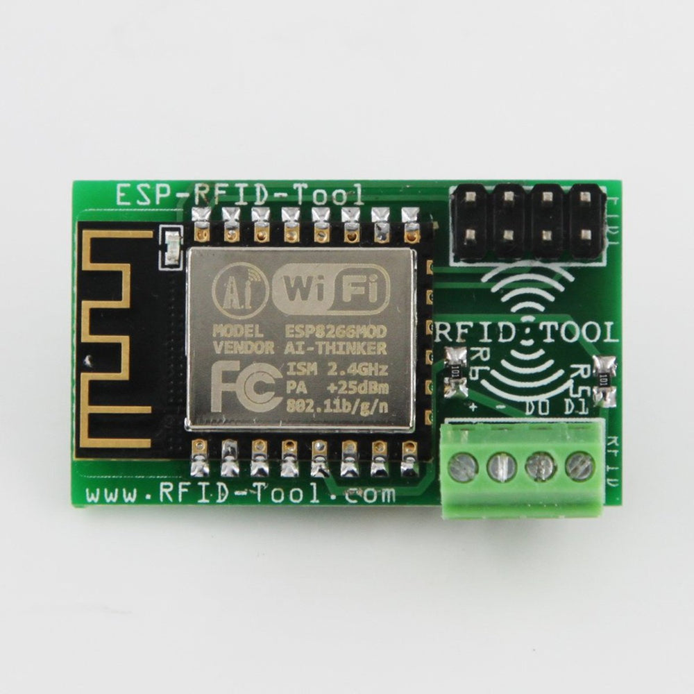 Front of the ESP RFID Tool board with an ESP8266MOD AI-Thinker WiFi module, a green terminal block and black pin headers