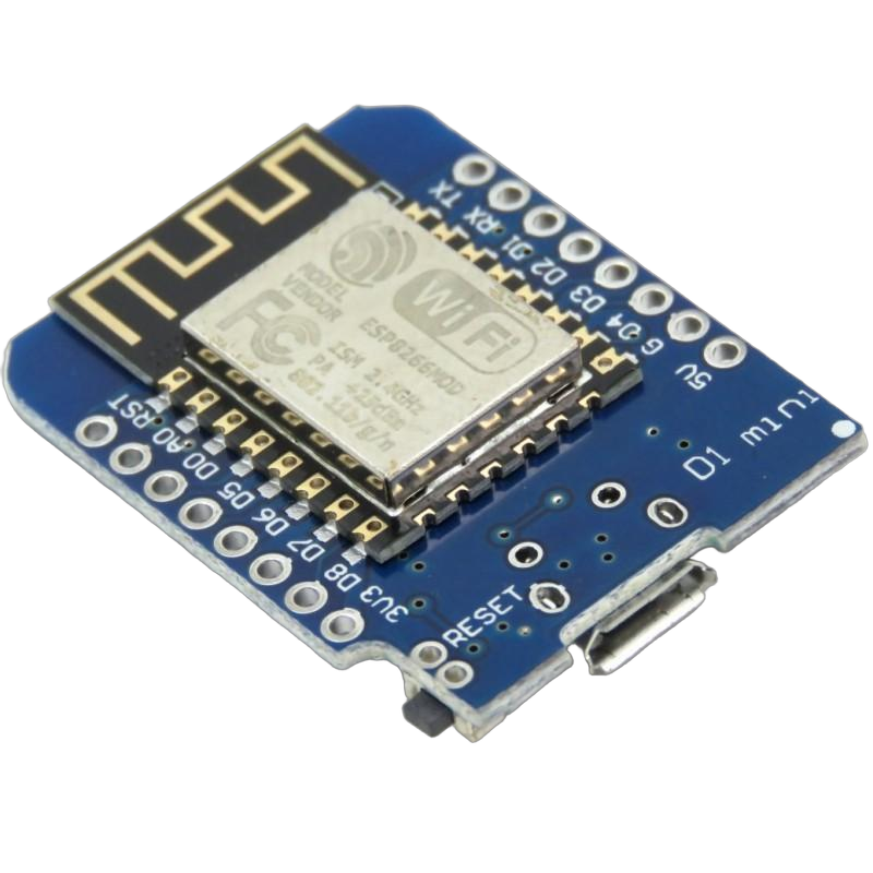 Niebieska płytka rozwojowa Wemos D1 mini z układem WiFi ESP8266-12F, portem micro-USB i pinami goldpin