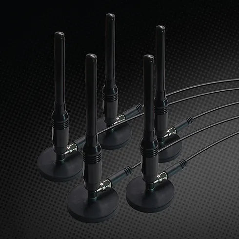 Five black antennas on magnetic bases with cables, supplied with the KrakenSDR receiver