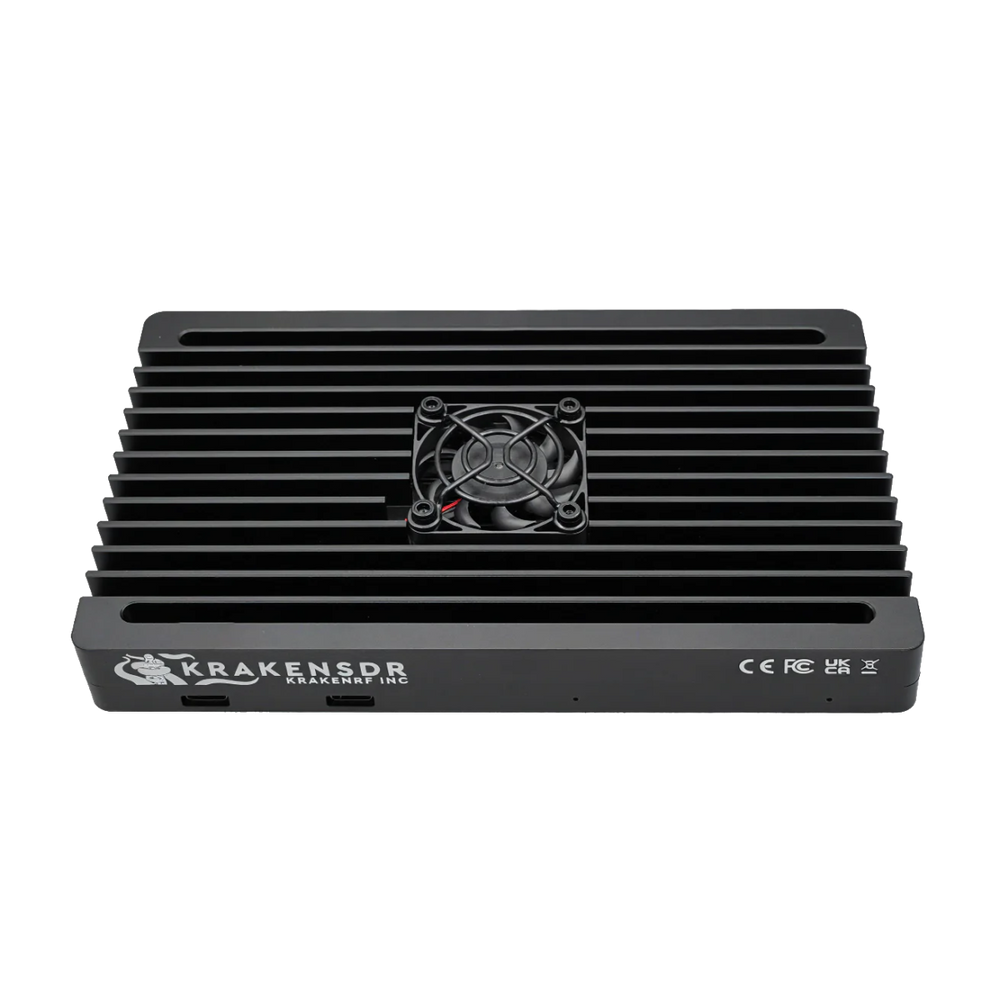 KrakenSDR receiver seen from above, with the heatsink and cooling fan visible