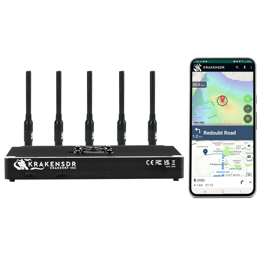 KrakenSDR receiver with five antennas connected next to a smartphone running the KrakenSDR app showing a map