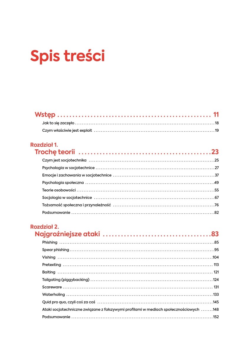 Inhaltsverzeichnis-Seite des Buchs Socjotechnika okiem detektywa - atak i obrona mit Einleitung und Kapiteln zu Theorie und den gefährlichsten Angriffen