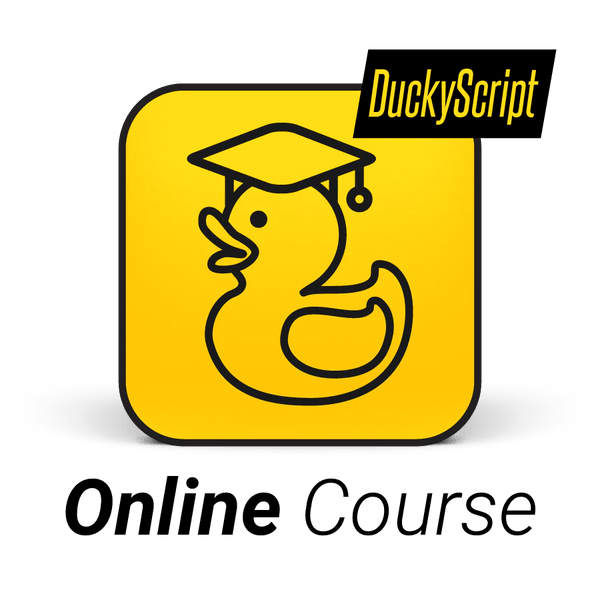 Gelbes Advanced DuckyScript Online Hak5 Kurs-Icon - Ente mit Doktorhut und DuckyScript-Label