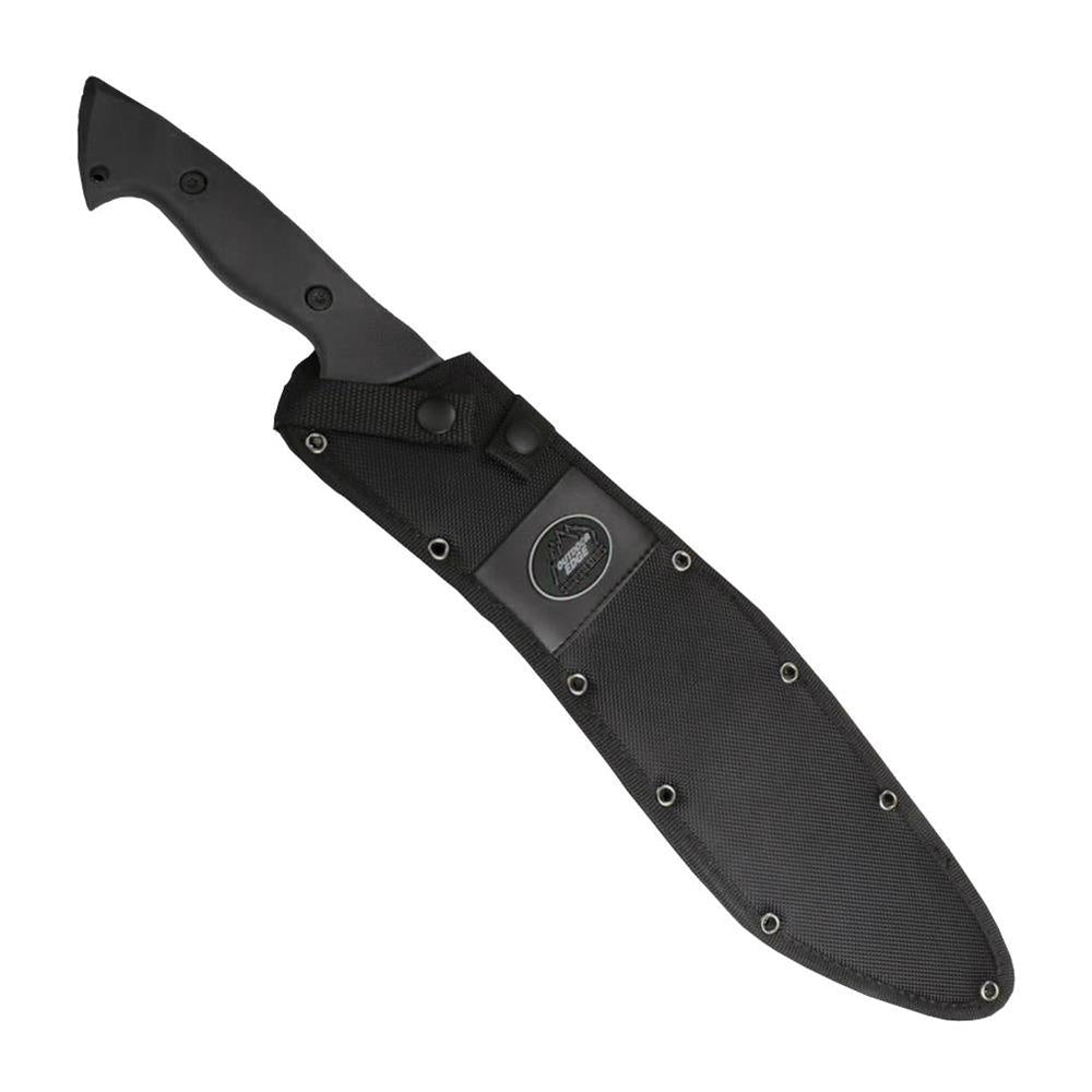 Maczeta Outdoor Edge Brush Demon w czarnej pochwie z nylonu z logo producenta, wystaje rękojeść