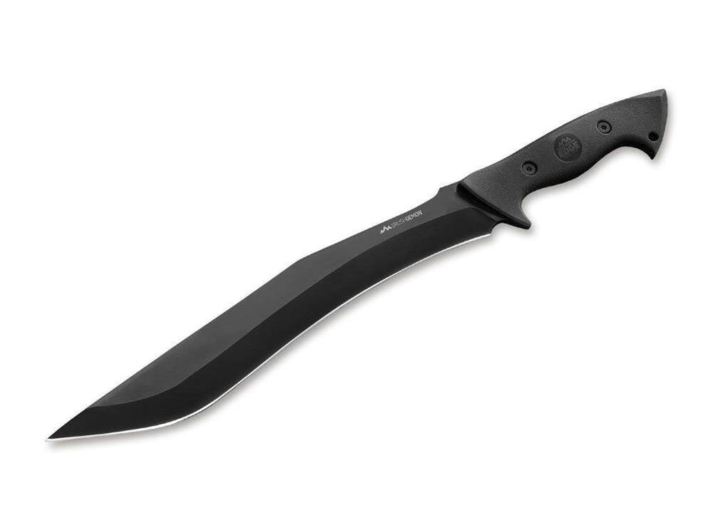 Maczeta Outdoor Edge Brush Demon z czarnym ostrzem i czarną rękojeścią, na klindze napis BRUSH DEMON