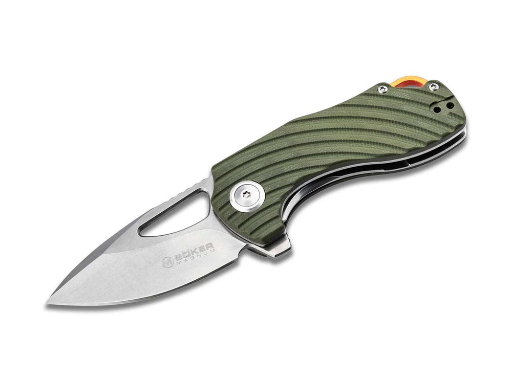 Open Magnum Tadpole folding knife with green G10 handle and orange lanyard eyelet