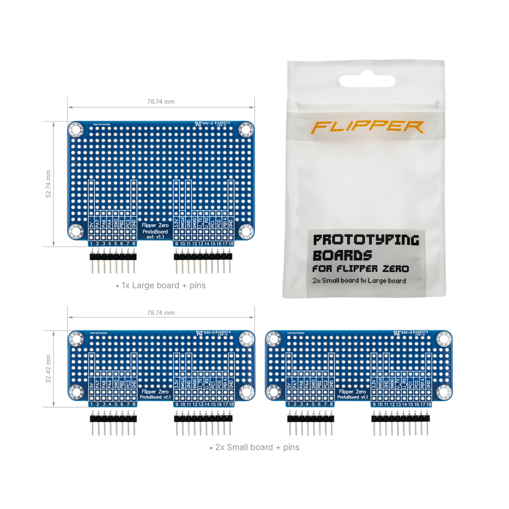 Prototyping-Platinen-Set für Flipper Zero - eine große und zwei kleine blaue Platinen mit Maßen und Stiftleisten sowie die Flipper-Verpackung