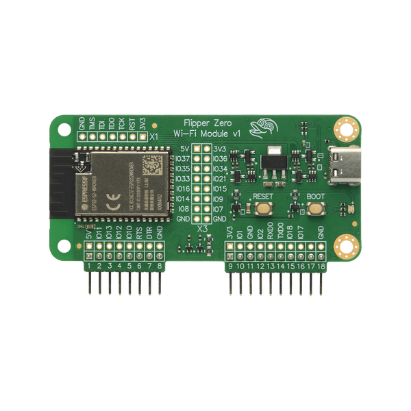 Płytka WiFi Devboard do Flipper Zero - zielony moduł z układem ESP32-S2, gniazdem USB-C, przyciskami RESET i BOOT oraz opisanymi pinami GPIO
