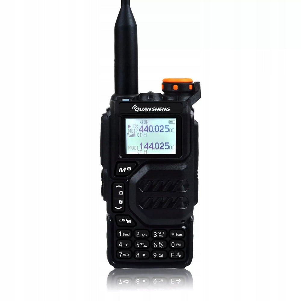 Quansheng UV-K5 two-way radio, front with dual-band display, keypad and antenna