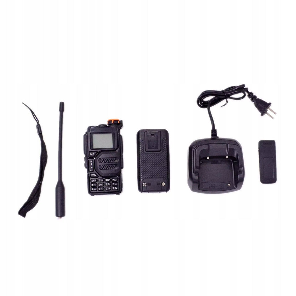 Quansheng UV-K5 kit contents - radio, antenna, battery, desktop charger, hand strap and belt clip