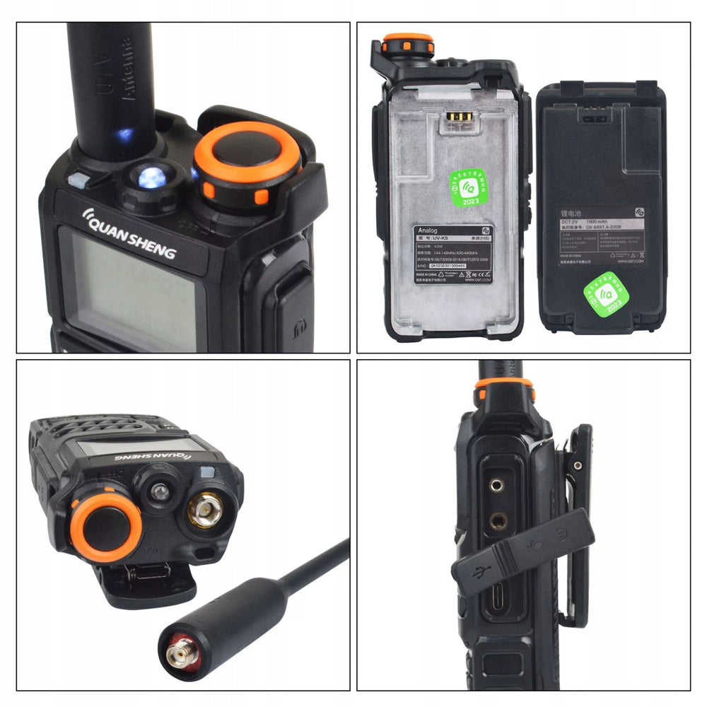 Close-ups of Quansheng UV-K5 features - LED flashlight, removable 1600 mAh battery, SMA socket and USB-C port