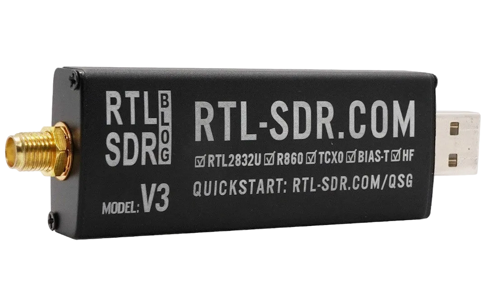 Black RTL-SDR Blog V3 SDR receiver with SMA antenna connector and USB-A plug, angled view