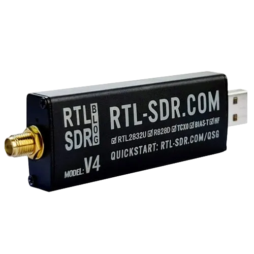 RTL-SDR Blog V4 receiver in a horizontal side view on a white background - black housing with a gold SMA antenna connector on the left and a USB-A plug on the right