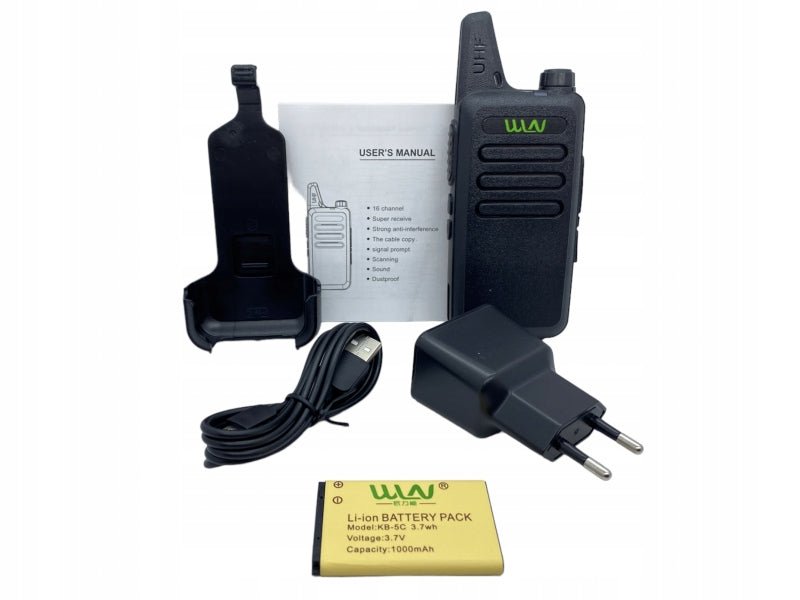 Zawartość zestawu WLN KD-C1 - radiotelefon, ładowarka biurkowa, instrukcja, kabel USB, zasilacz i akumulator