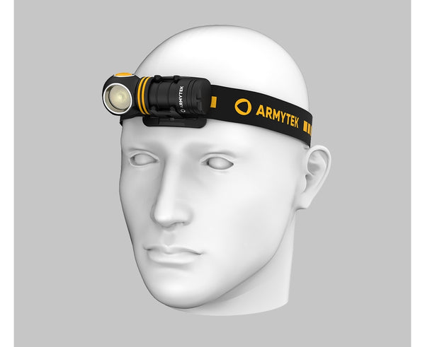 Black and yellow Armytek Elf C2 headlamp on a logo strap, shown on a mannequin head