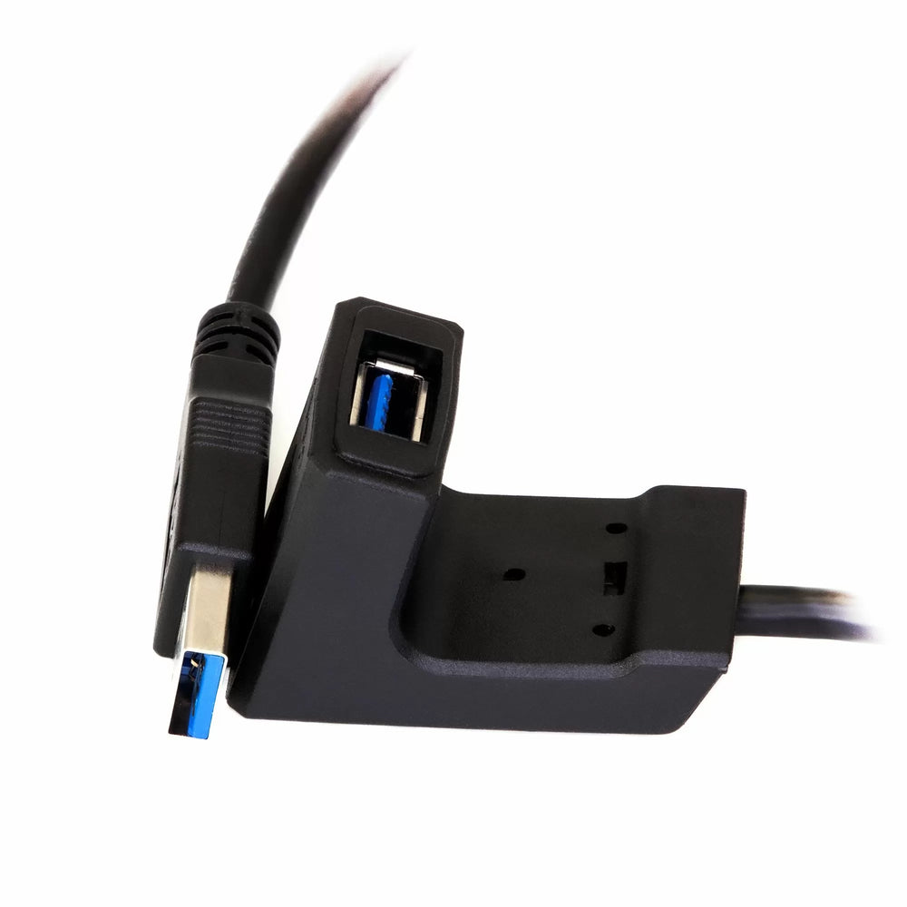 Close-up of the ALFA dock cable cradle - the angled USB 3.0 socket, a USB-A plug and mounting holes in the base