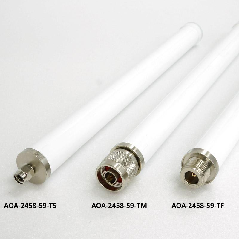 Three white Alfa Network AOA-2458-59 omnidirectional Wi-Fi antennas with different connectors - RP-SMA (TS), N-Male (TM) and N-Female (TF)