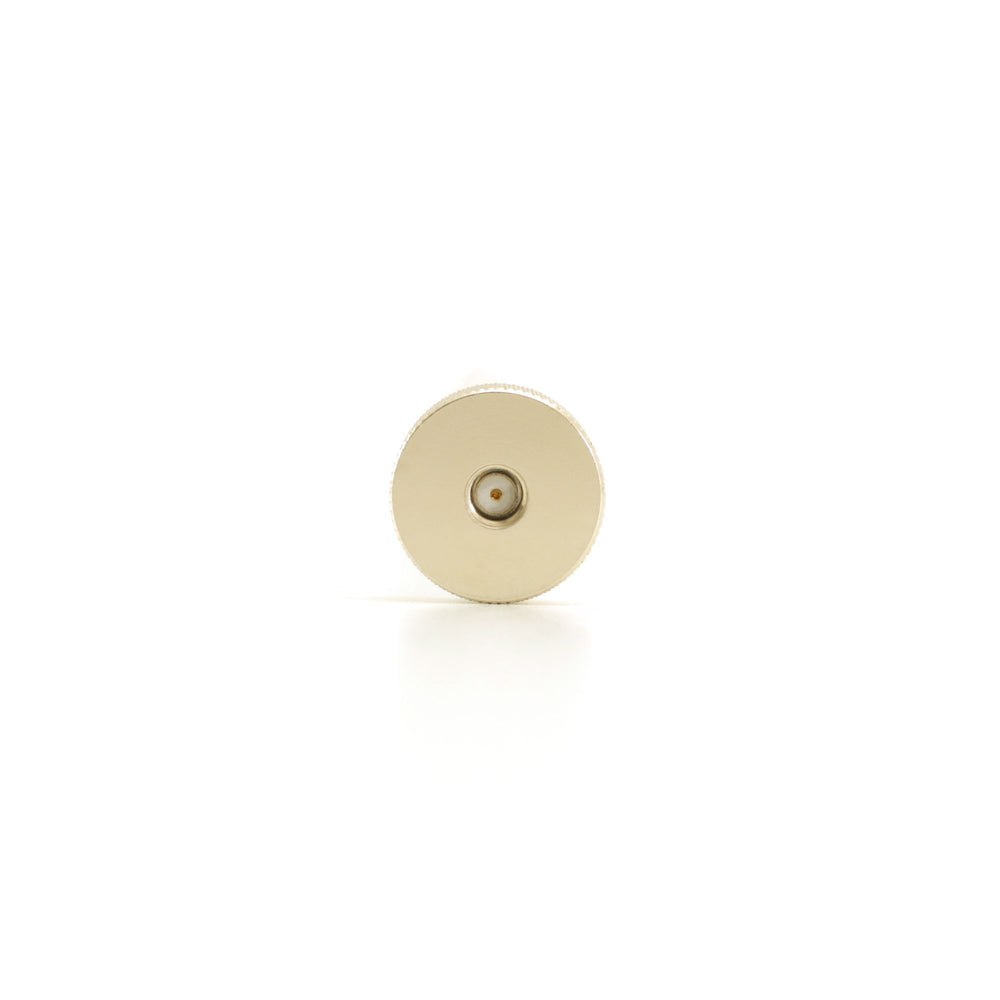 Close-up of the RP-SMA Male connector of the white Alfa omnidirectional Wi-Fi antenna, front view with thread and center pin