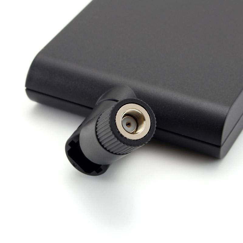 Close-up of the hinge and threaded RP-SMA connector of the black Alfa Network APA-M25 panel Wi-Fi antenna