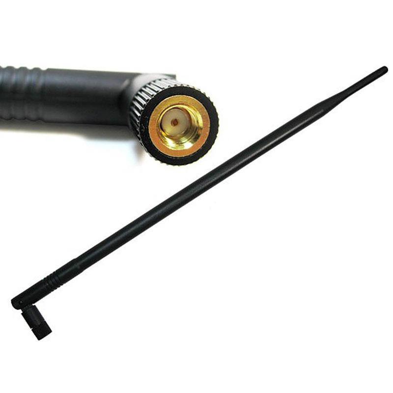 Black Alfa Network ARS-N19 2.4 GHz 9 dBi Wi-Fi antenna with a hinge at the base and a close-up of the gold-plated RP-SMA connector