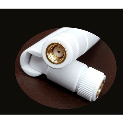 Close-up of the gold hinge and RP-SMA connector of the white Alfa Network ARS-N19W Wi-Fi antenna with angle adjustment