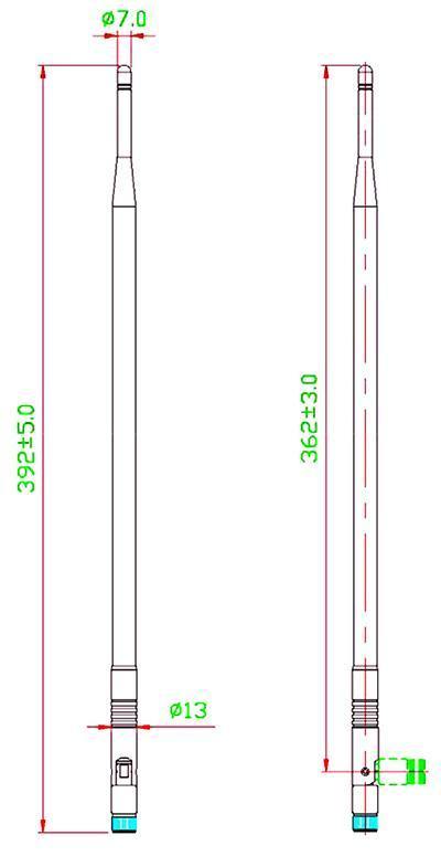 Technical drawing of the Alfa Network ARS-N19W antenna with dimensions - 392 mm length, 7 mm diameter at top and 13 mm at bottom, RP-SMA connector
