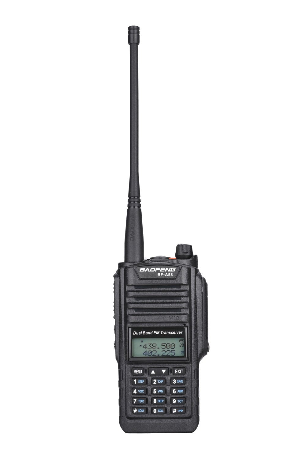 Radiotelefon Baofeng BF-A58 z przodu z podświetlonym wyświetlaczem pokazującym dwie częstotliwości