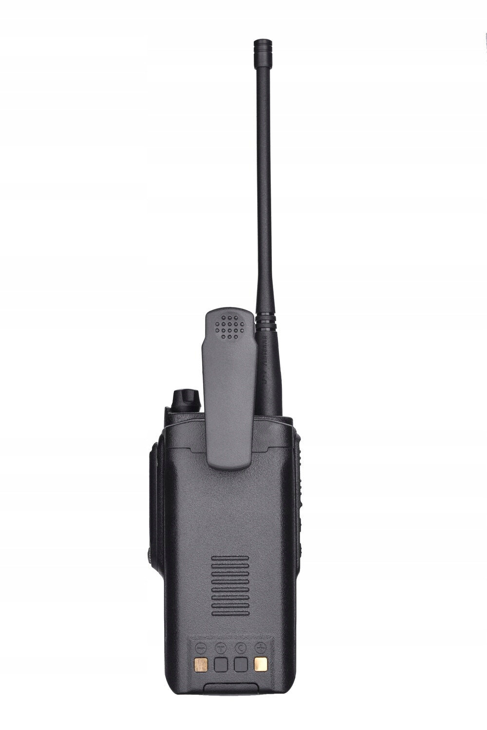 Radiotelefon Baofeng BF-A58 od tyłu - klips do paska, antena i styki akumulatora na dole