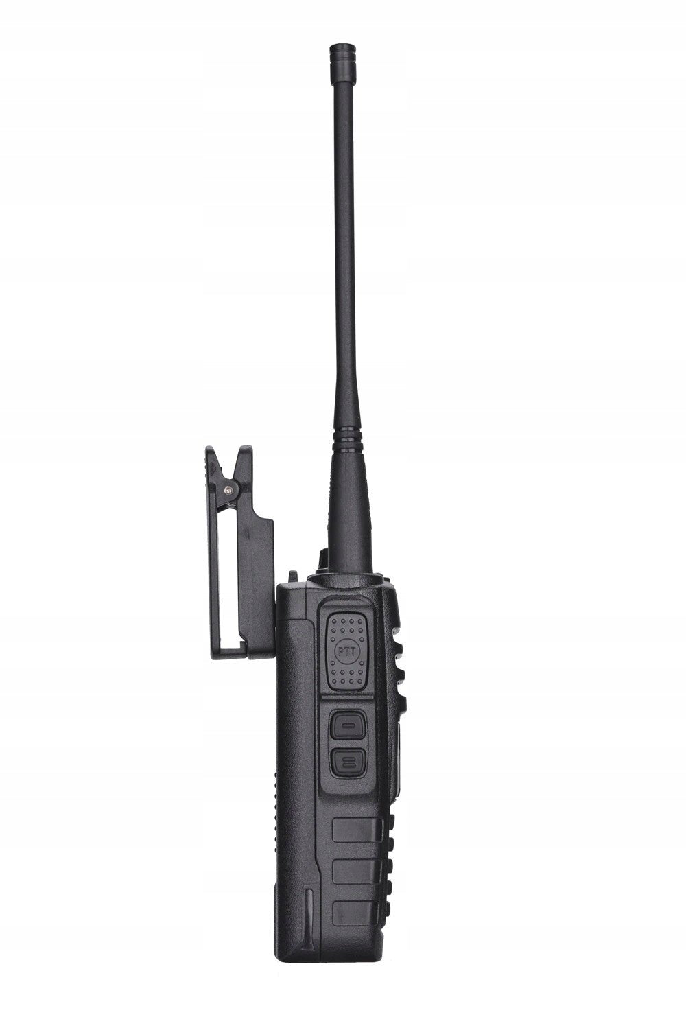 Radiotelefon Baofeng BF-A58 z drugiego boku - duży przycisk PTT do nadawania i dwa mniejsze przyciski