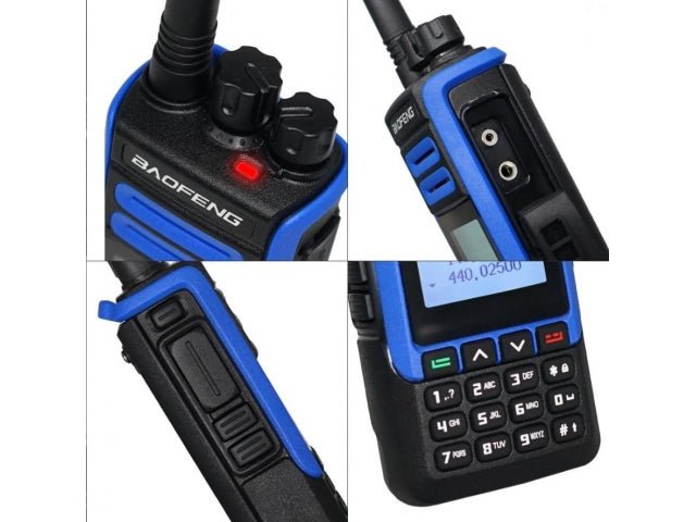 Four close-ups of the Baofeng BF-H7 10W radio - the top with two knobs and a red LED, the side accessory socket under a cover, the side PTT button and a close-up of the LCD display and keypad, on a white background