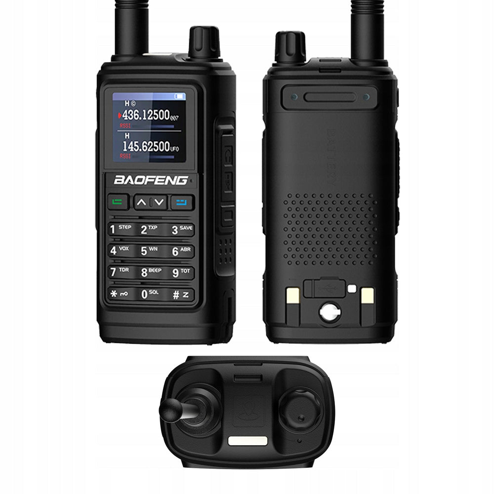 Радиостанция Baofeng UV-17E 5W, показанная с трёх сторон, на белом фоне - передняя сторона с цветным дисплеем, показывающим 436.12500 и 145.62500, и надписью BAOFENG, задняя сторона с крышкой аккумулятора с надписью BATTERY, решёткой динамика и USB-контактами для зарядки, и вид сверху с двумя ручками управления и антенным разъёмом SMA