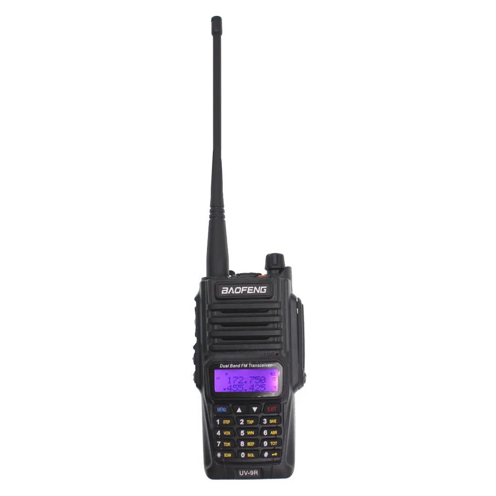 Baofeng UV-9R 7W radio in a front view with the antenna extended on a white background - a black handheld radio with the BAOFENG text, a backlit LCD showing the frequencies 172.750 and 455.425, a numeric keypad and the UV-9R model marking