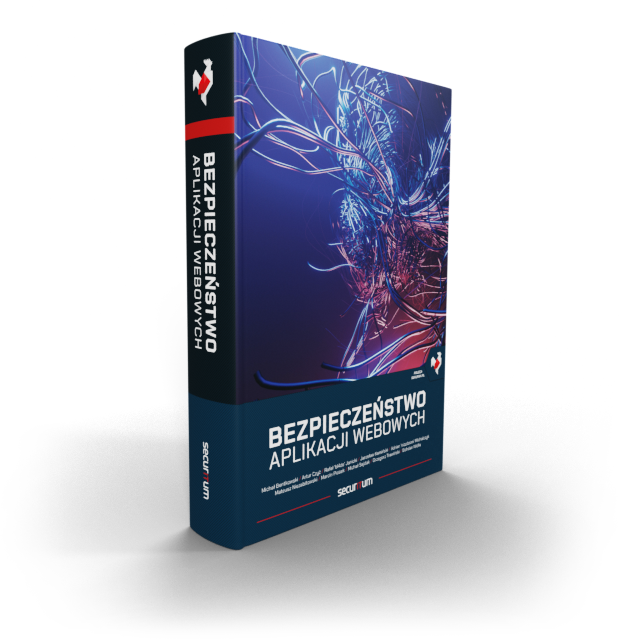 Dunkelblaues Cover des Buches Bezpieczeństwo aplikacji webowych (Web-Anwendungssicherheit) von Securitum, 3D-Render mit abstrakter Grafik