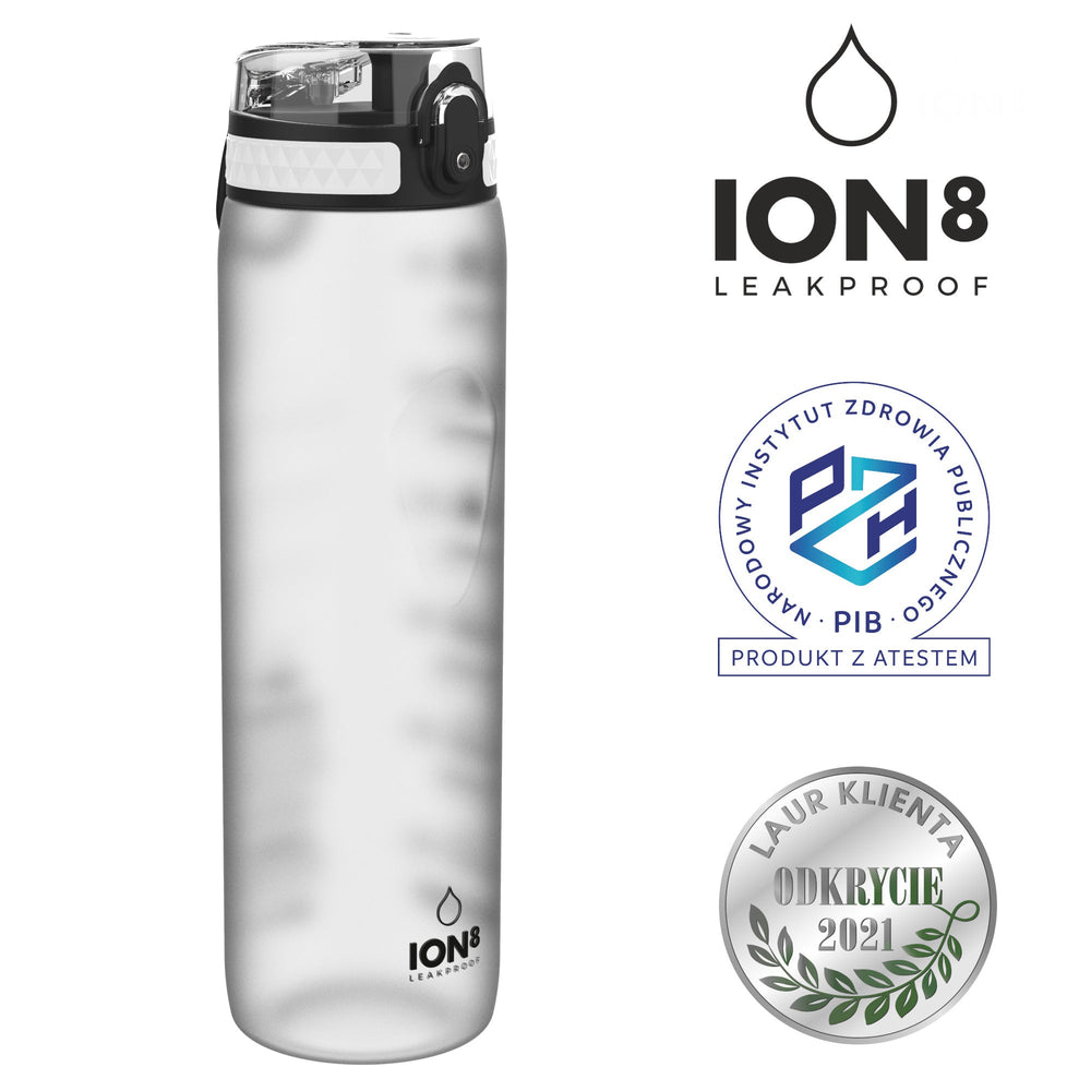 Clear ION8 1000 ml water bottle with the logo side and the PZH certification and Laur Klienta Odkrycie 2021 badges