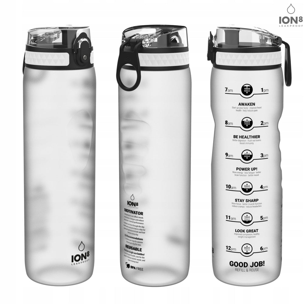 Clear ION8 1000 ml water bottle shown from three sides - with the logo, with the description and with the hourly hydration schedule