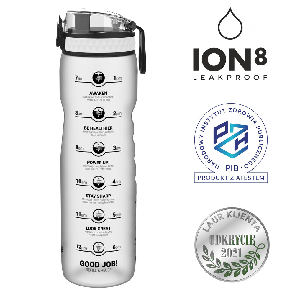 Clear ION8 1000 ml water bottle with the hourly hydration schedule and the ION8 Leakproof and PZH certification badges