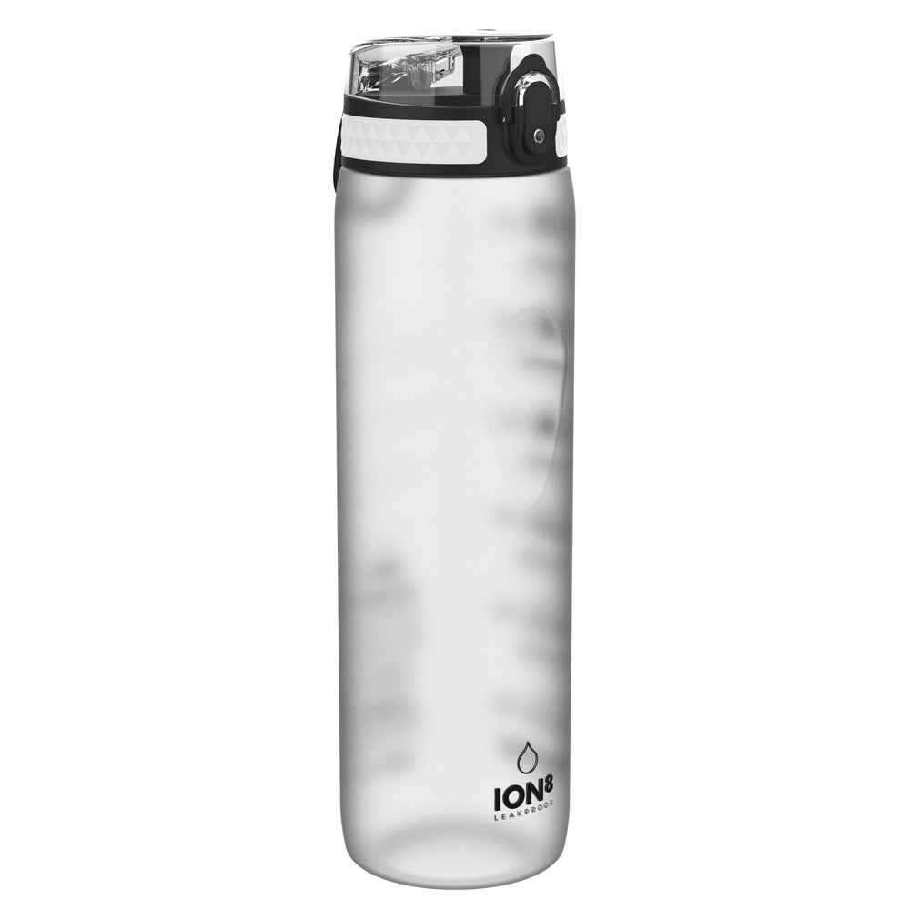 Clear ION8 1000 ml water bottle with a flip lid and a carry loop, the plain side with the ION8 logo