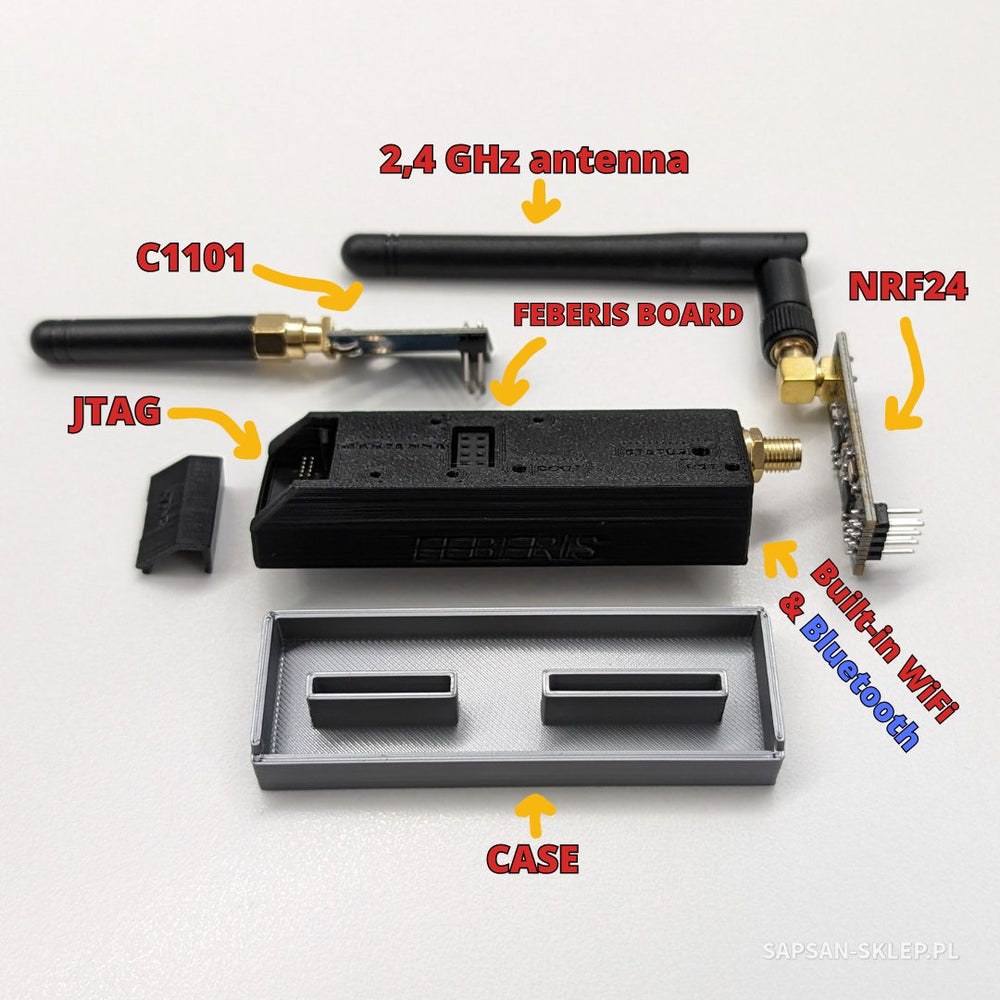 An annotated diagram of the FEBERIS module - a 2.4 GHz antenna, a C1101 module, the FEBERIS BOARD, a JTAG connector, an NRF24 module, built-in WiFi and Bluetooth and a grey 3D-printed CASE, SAPSAN-SKLEP.PL watermark