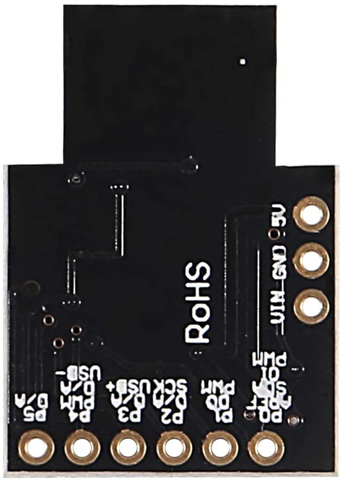 Bottom of the black Digispark Kickstarter board with pin labels P0-P5, USB, PWM and power