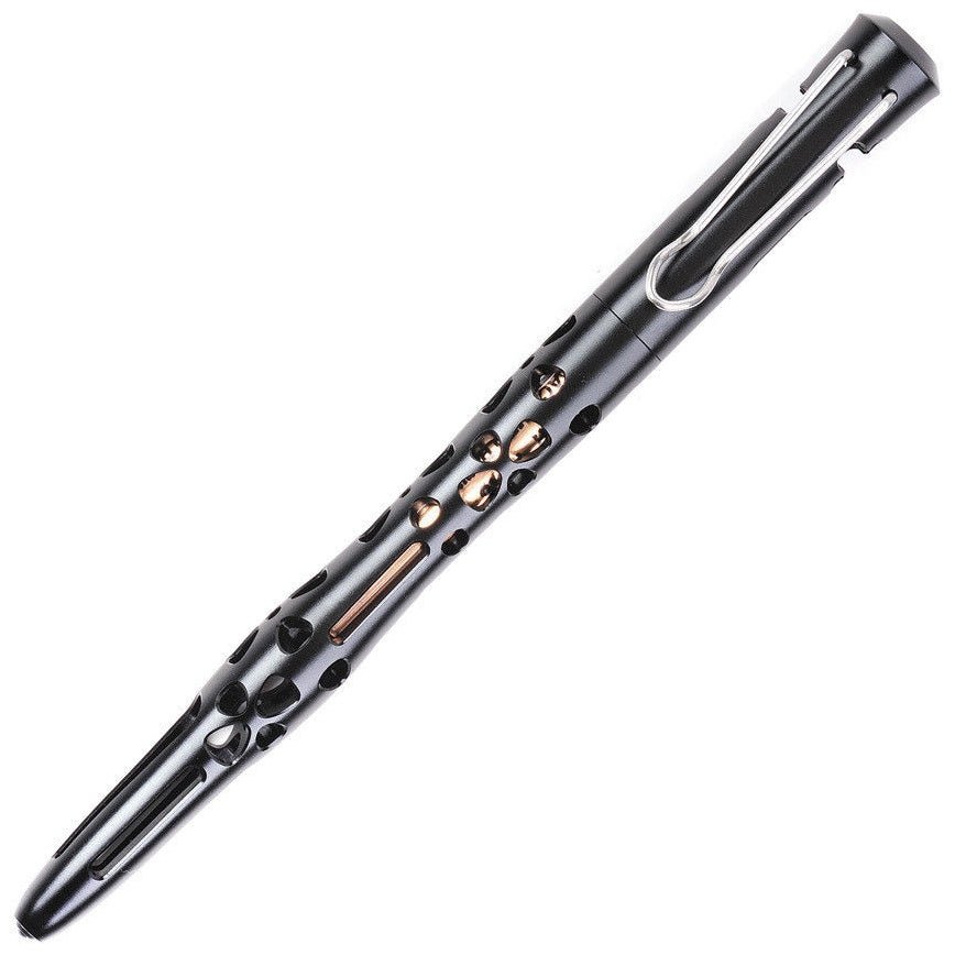 Black NexTool KT5513A tactical pen with a clip, a skeletonised grip with copper accents and a glass-breaker tip