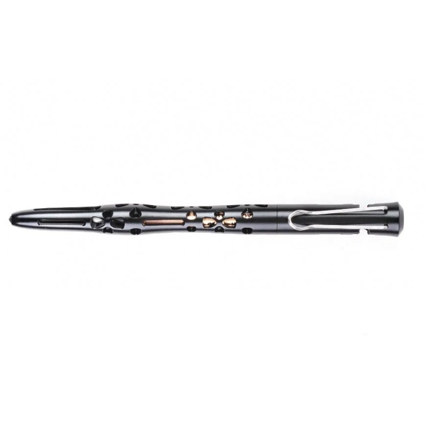 Black NexTool KT5513A tactical pen shown horizontally, with the clip, skeletonised grip and glass-breaker tip visible