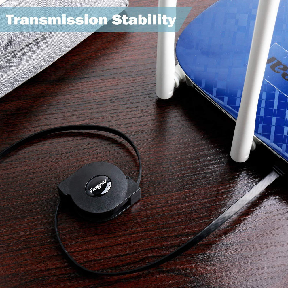 Retractable Fasgear Cat 6 Ethernet network cable on a wooden desk plugged into a router - illustration of transmission stability