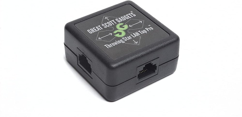 Great Scott Gadgets Throwing Star LAN Tap Pro под углом на белом фоне - видны два разъёма RJ45 для вставки в сетевое соединение