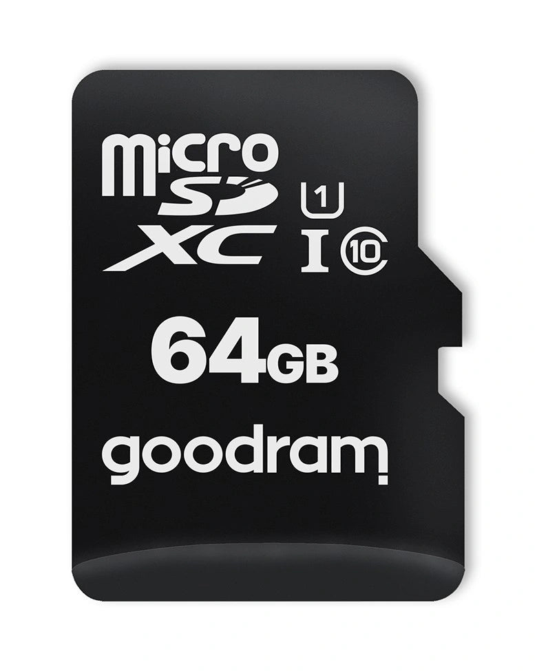 Nahaufnahme einer schwarzen Goodram microSD-Karte - Aufdruck microSDXC, UHS-I, Class 10, 64GB
