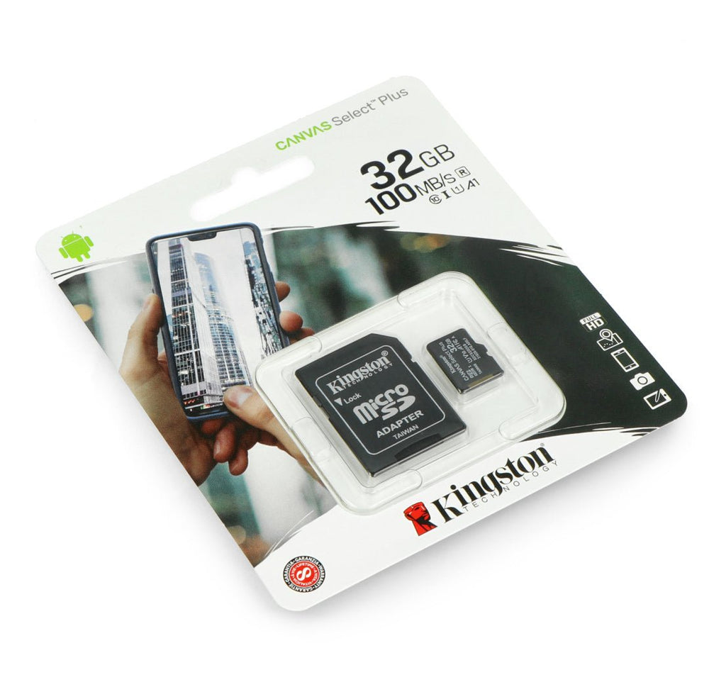 Kingston Canvas Select Plus microSD-Karte 32 GB mit Adapter in Blisterverpackung, schräge Ansicht