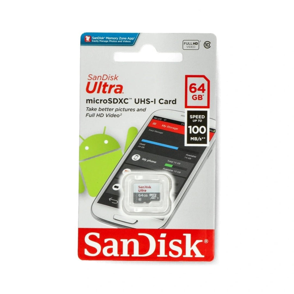 Karta pamięci SanDisk Ultra microSDXC UHS-I 64GB w opakowaniu blister - na froncie napisy o prędkości do 100 MB/s, Full HD Video i klasie 10, na białym tle