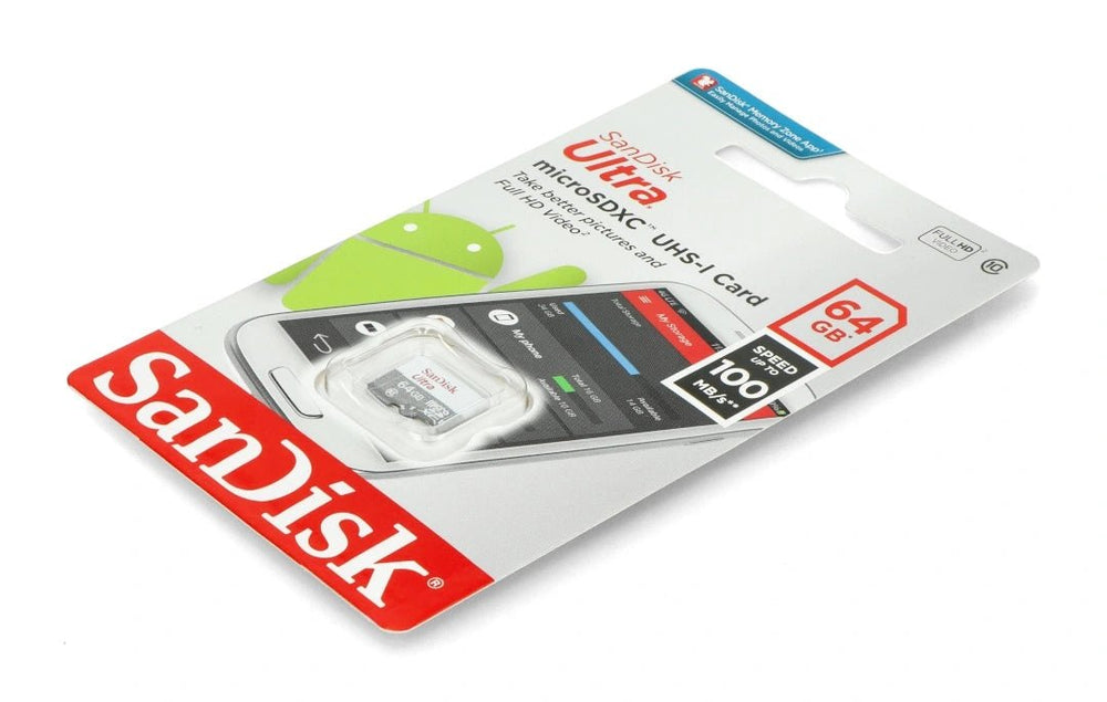 Karta pamięci SanDisk Ultra microSDXC UHS-I 64GB w opakowaniu blister pokazana pod kątem, na białym tle