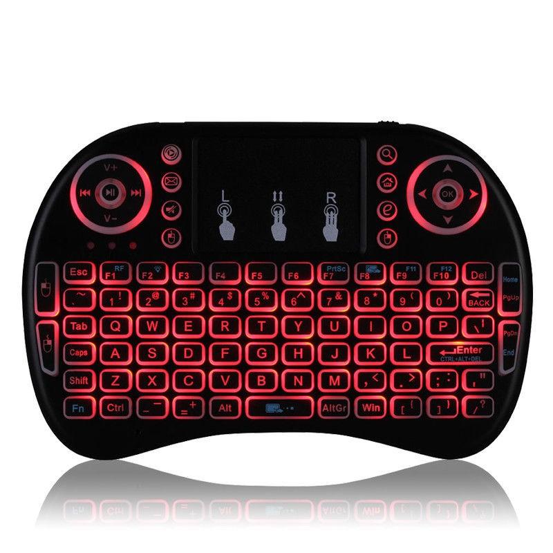 Schwarze kabellose Mini-QWERTY-Tastatur mit Touchpad und roter LED-Hintergrundbeleuchtung